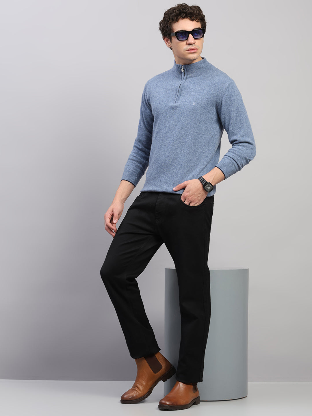 Luxuria Men Blue Solid Collar Full Sleeve Pullover