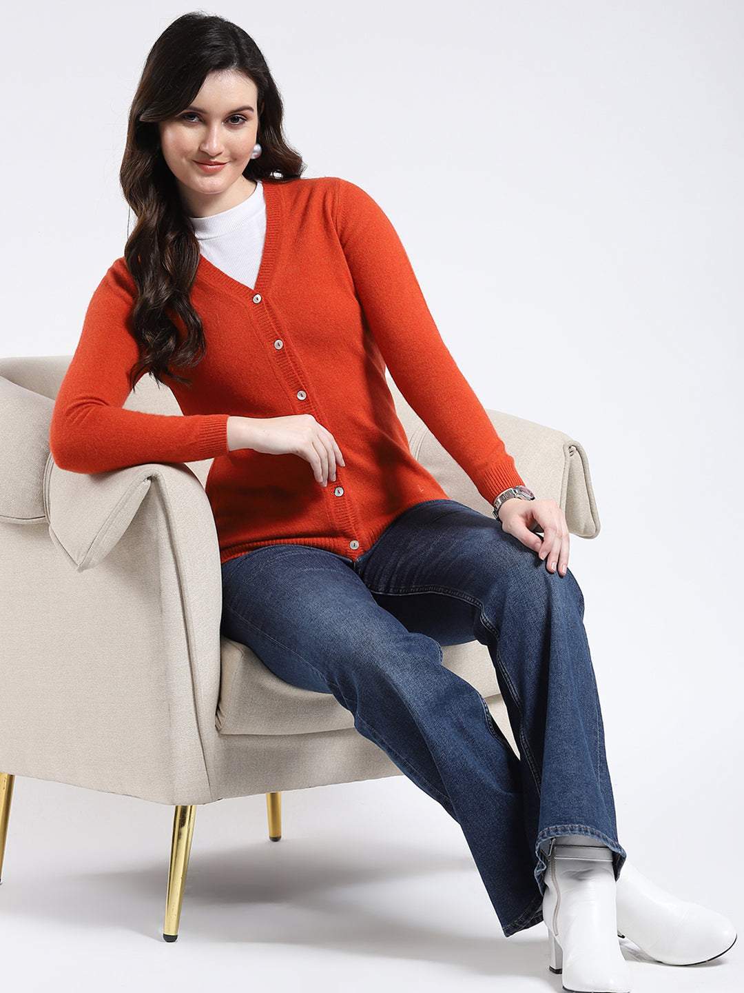 Luxuria Women Orange Solid V Neck Full Sleeve Cardigan