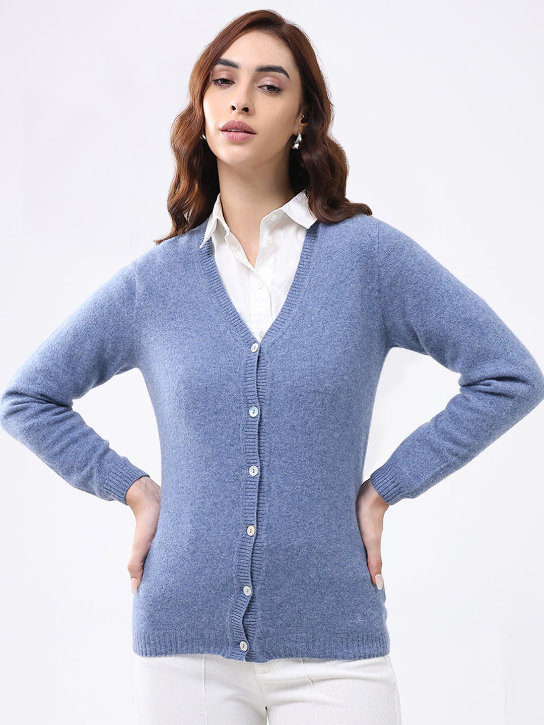 Luxuria Women Blue Solid V Neck Full Sleeve Cardigan