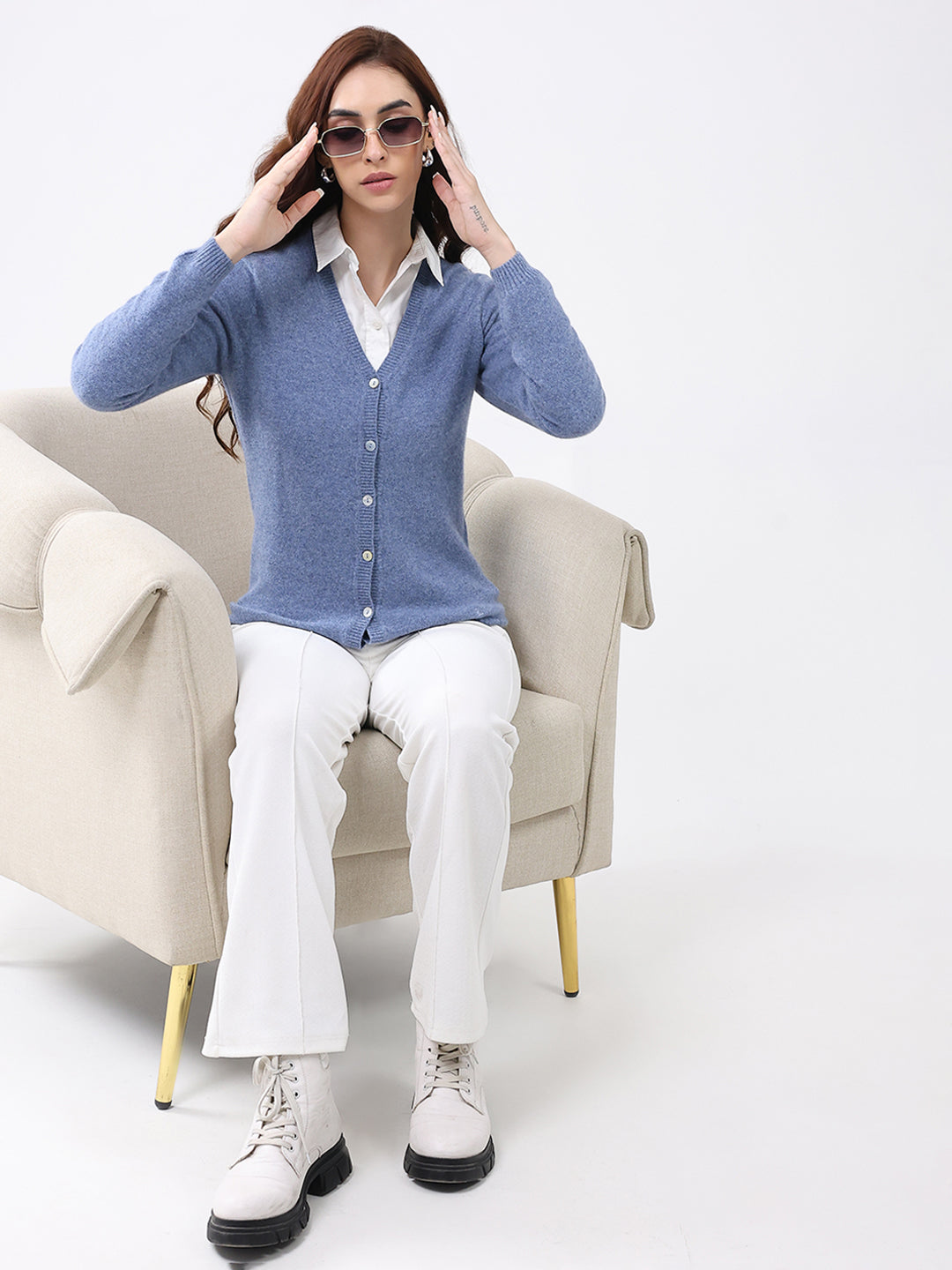 Luxuria Women Blue Solid V Neck Full Sleeve Cardigan