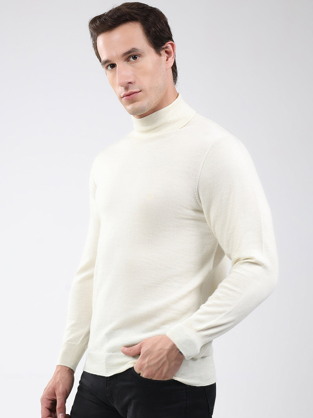 Luxuria Men Off White Solid High Neck Full Sleeve Pullover
