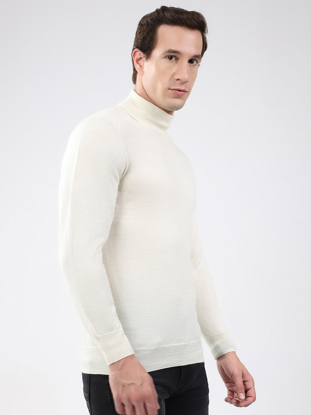 Luxuria Men Off White Solid High Neck Full Sleeve Pullover