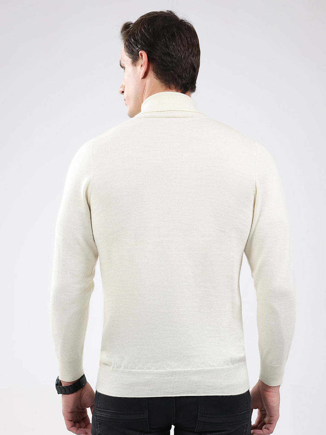 Luxuria Men Off White Solid High Neck Full Sleeve Pullover