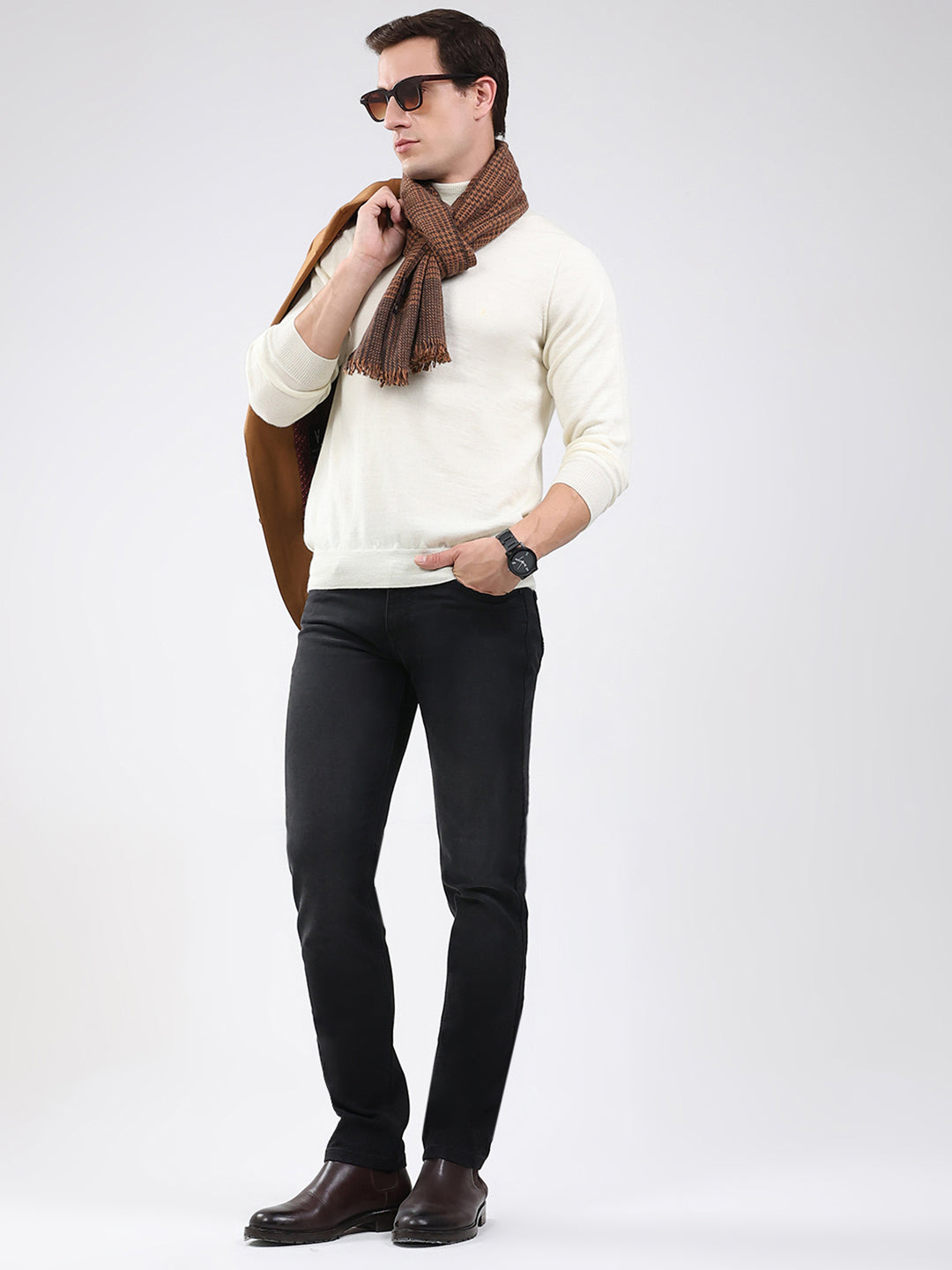 Luxuria Men Off White Solid High Neck Full Sleeve Pullover