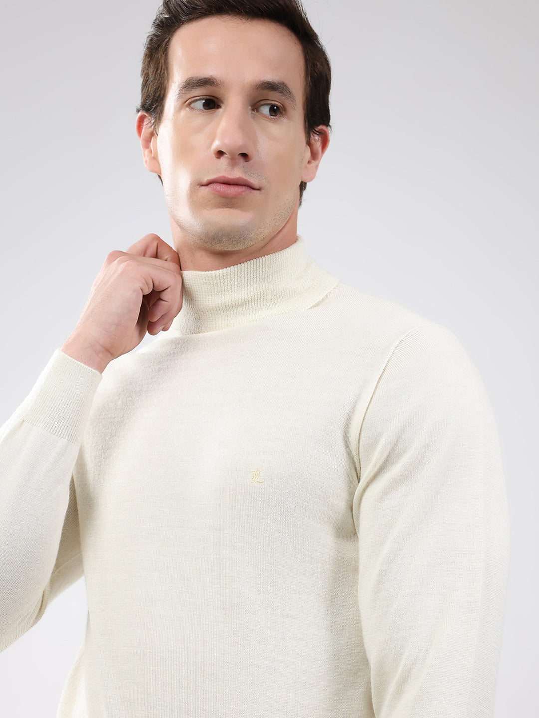 Luxuria Men Off White Solid High Neck Full Sleeve Pullover