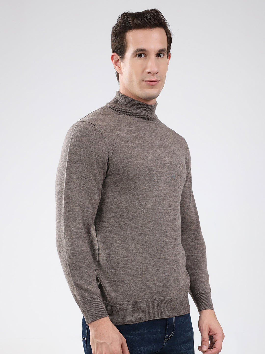 Luxuria Men Brown Solid High Neck Full Sleeve Pullover