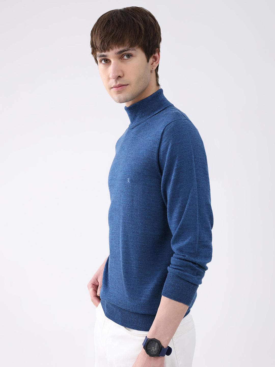 Luxuria Men Blue Solid High Neck Full Sleeve Pullover