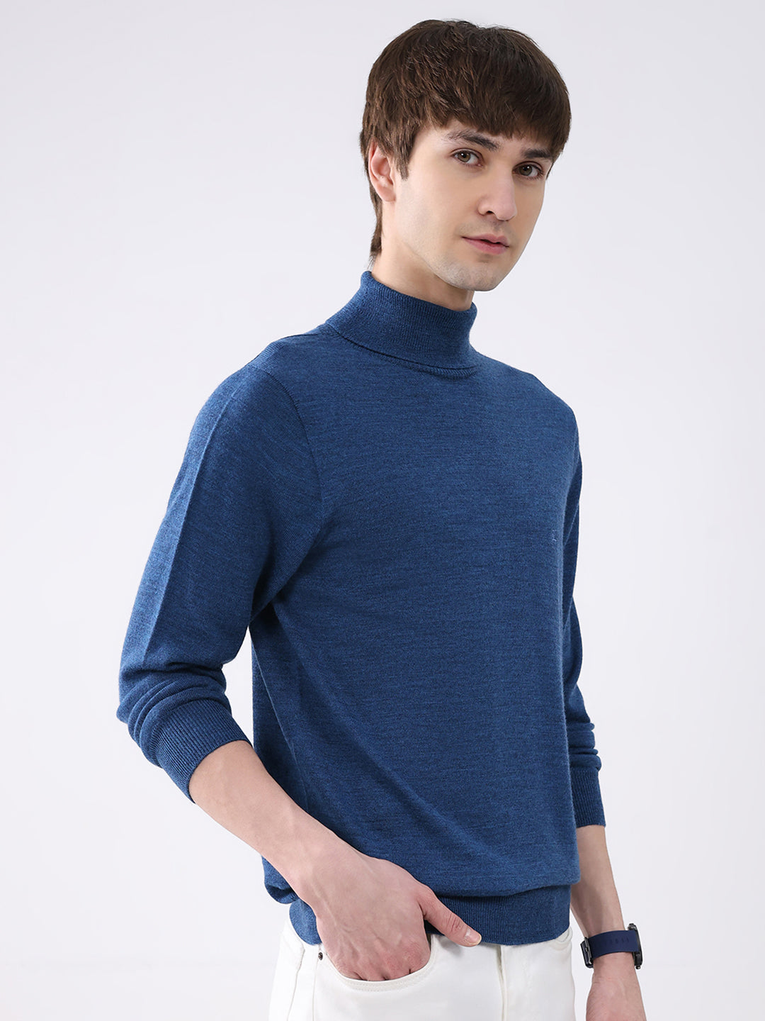Luxuria Men Blue Solid High Neck Full Sleeve Pullover