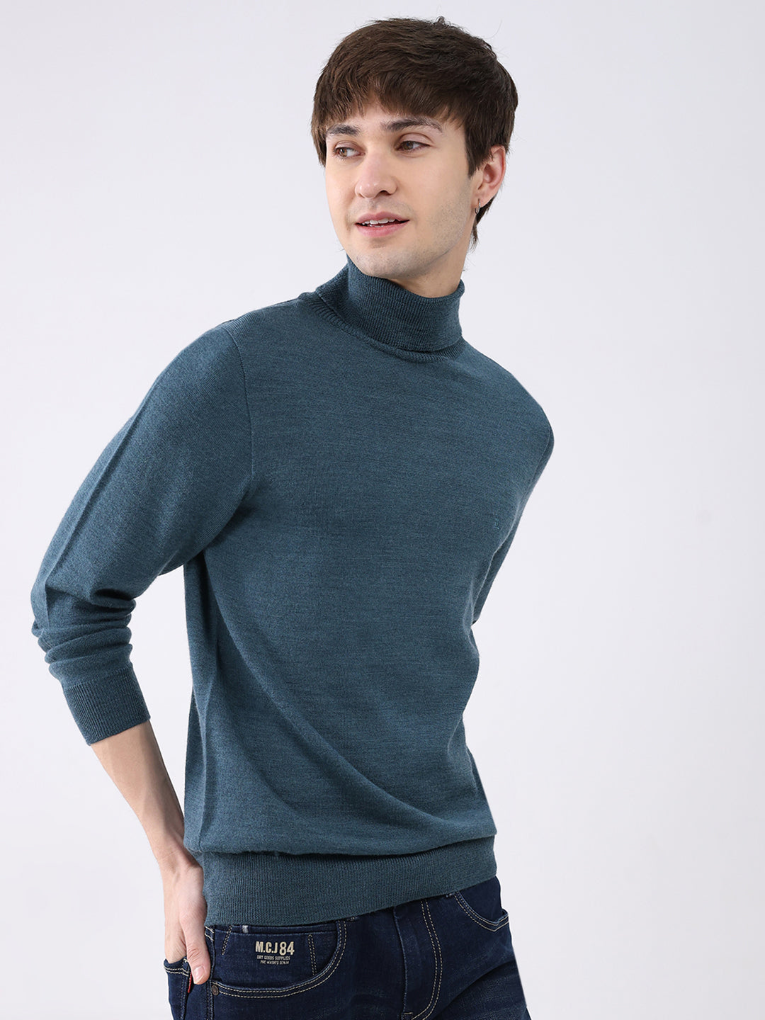 Luxuria Men Teal Blue Solid High Neck Full Sleeve Pullover