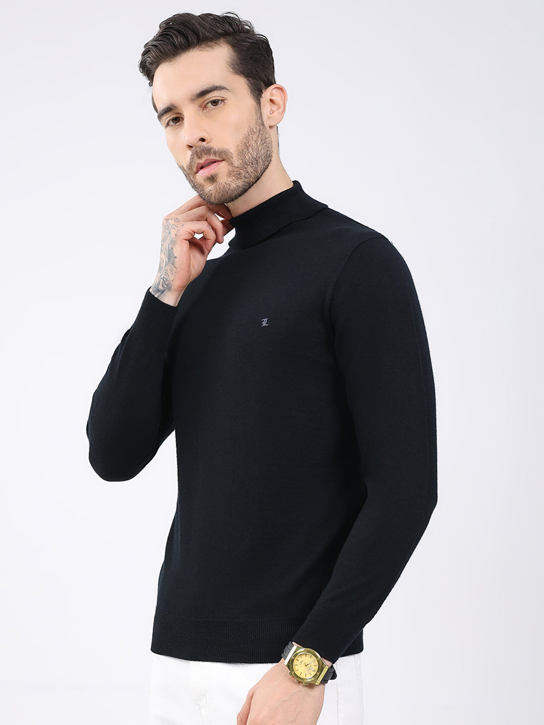 Luxuria Men Black Solid High Neck Full Sleeve Pullover