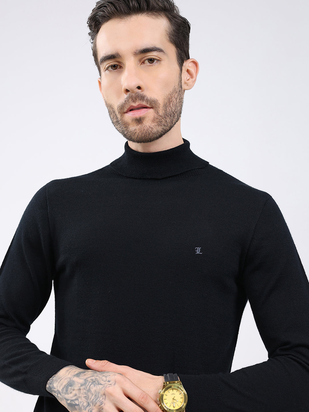 Luxuria Men Black Solid High Neck Full Sleeve Pullover