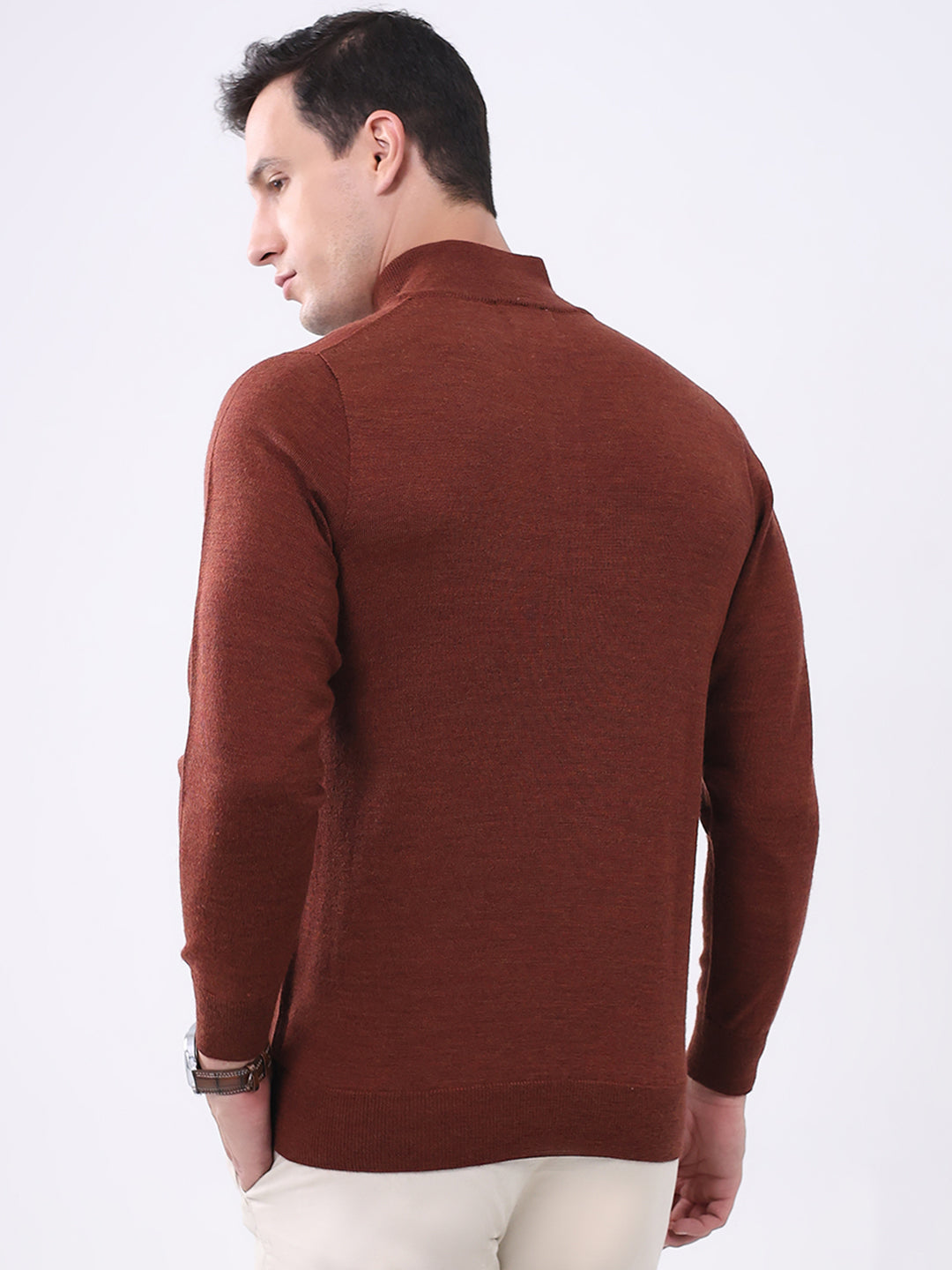 Luxuria Men Rust Solid Mock Neck Full Sleeve Pullover