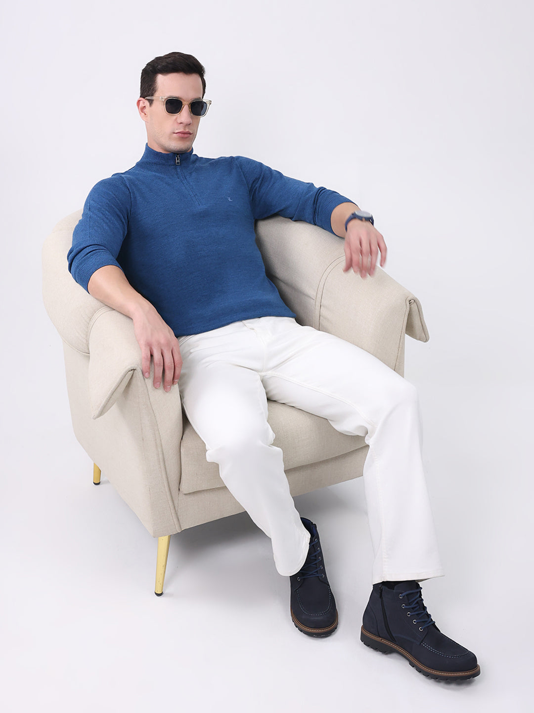 Luxuria Men Blue Solid Mock Neck Full Sleeve Pullover