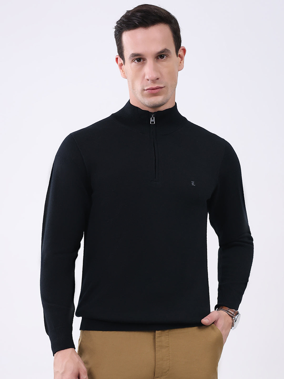 Luxuria Men Black Solid Mock Neck Full Sleeve Pullover