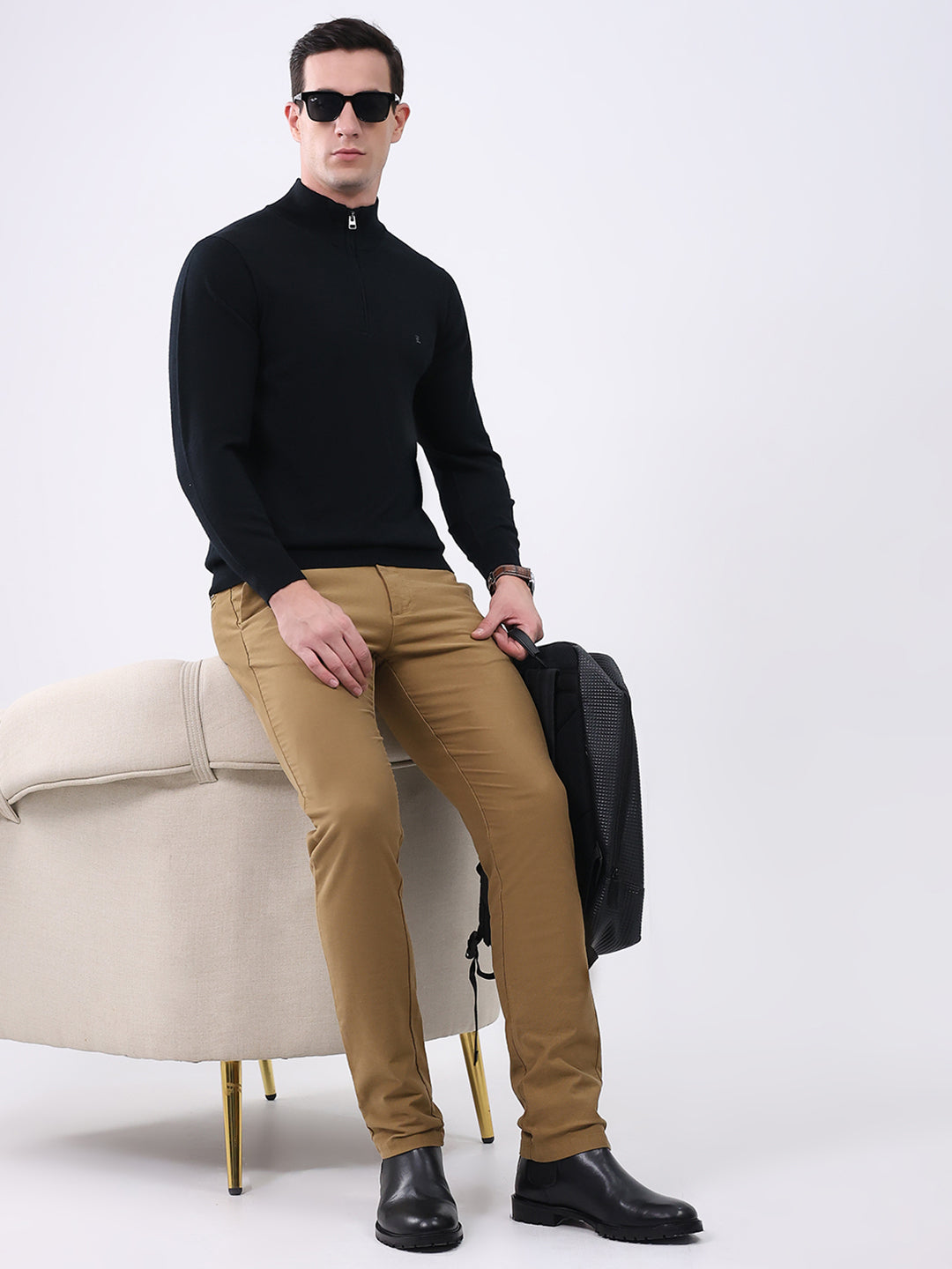 Luxuria Men Black Solid Mock Neck Full Sleeve Pullover