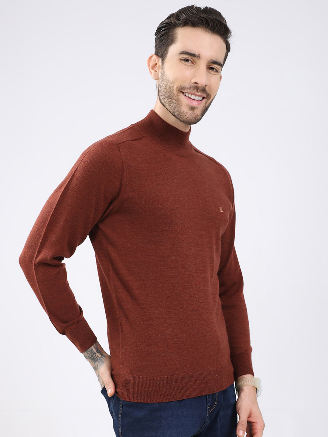 Luxuria Men Rust Solid High Neck Full Sleeve Pullover