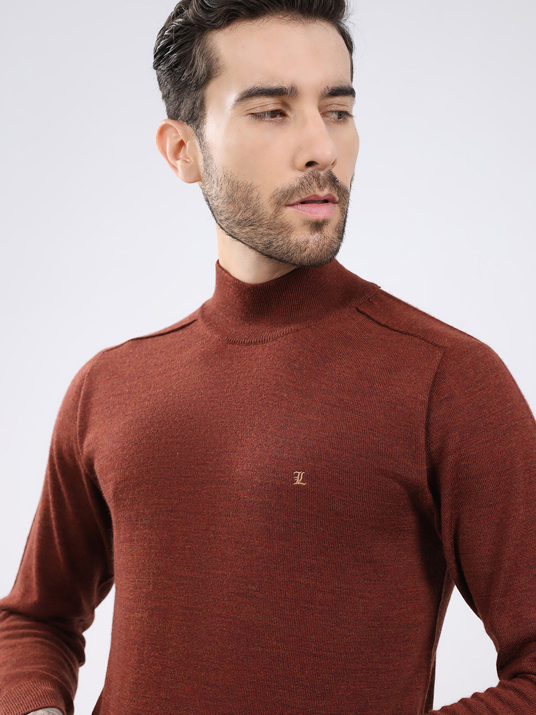 Luxuria Men Rust Solid High Neck Full Sleeve Pullover