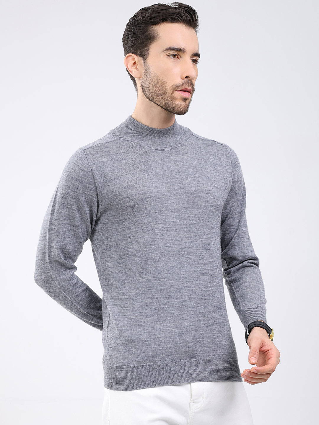 Luxuria Men Grey Solid High Neck Full Sleeve Pullover