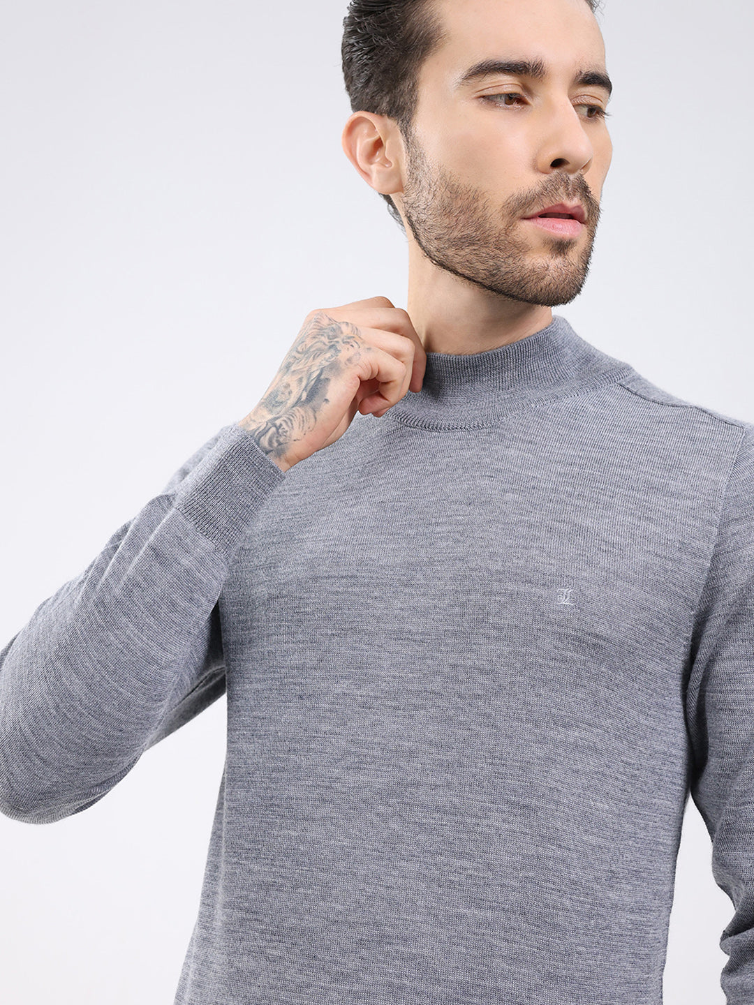 Luxuria Men Grey Solid High Neck Full Sleeve Pullover