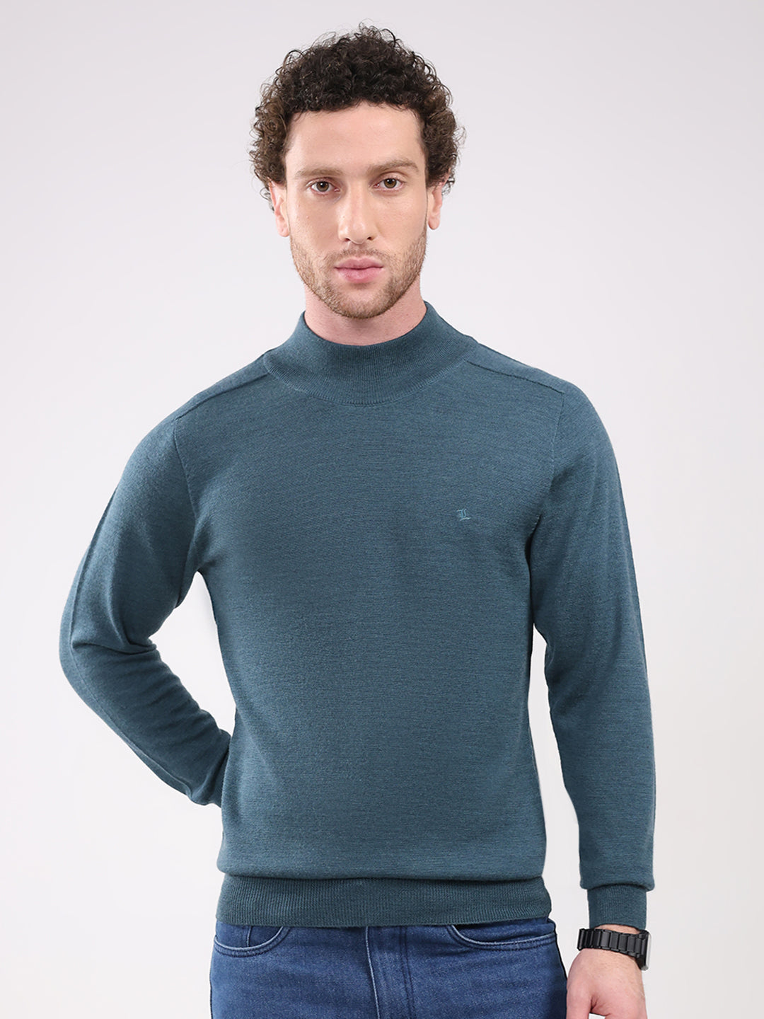 Luxuria Men Teal Blue Solid T Neck Full Sleeve Pullover