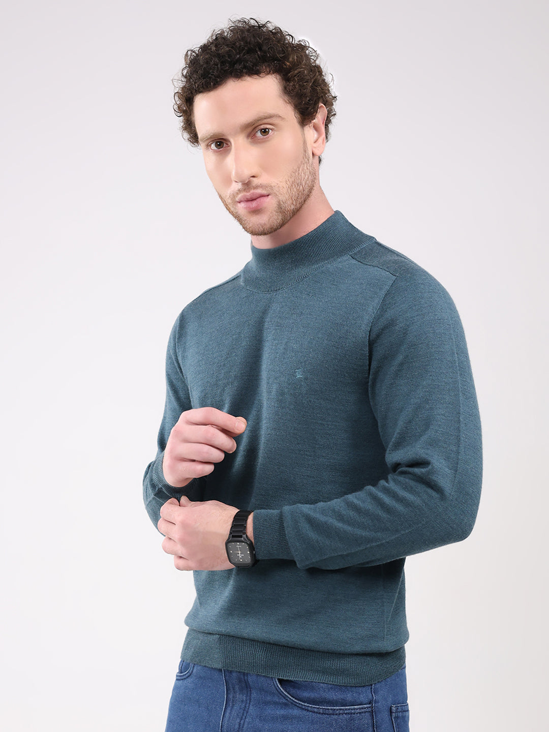 Luxuria Men Teal Blue Solid T Neck Full Sleeve Pullover