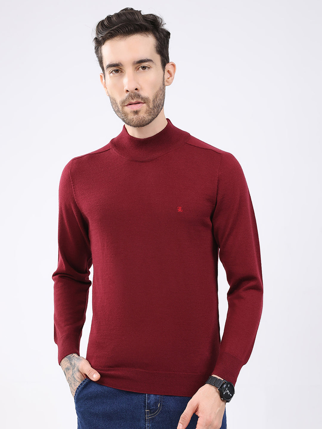 Luxuria Men Maroon Solid High Neck Full Sleeve Pullover