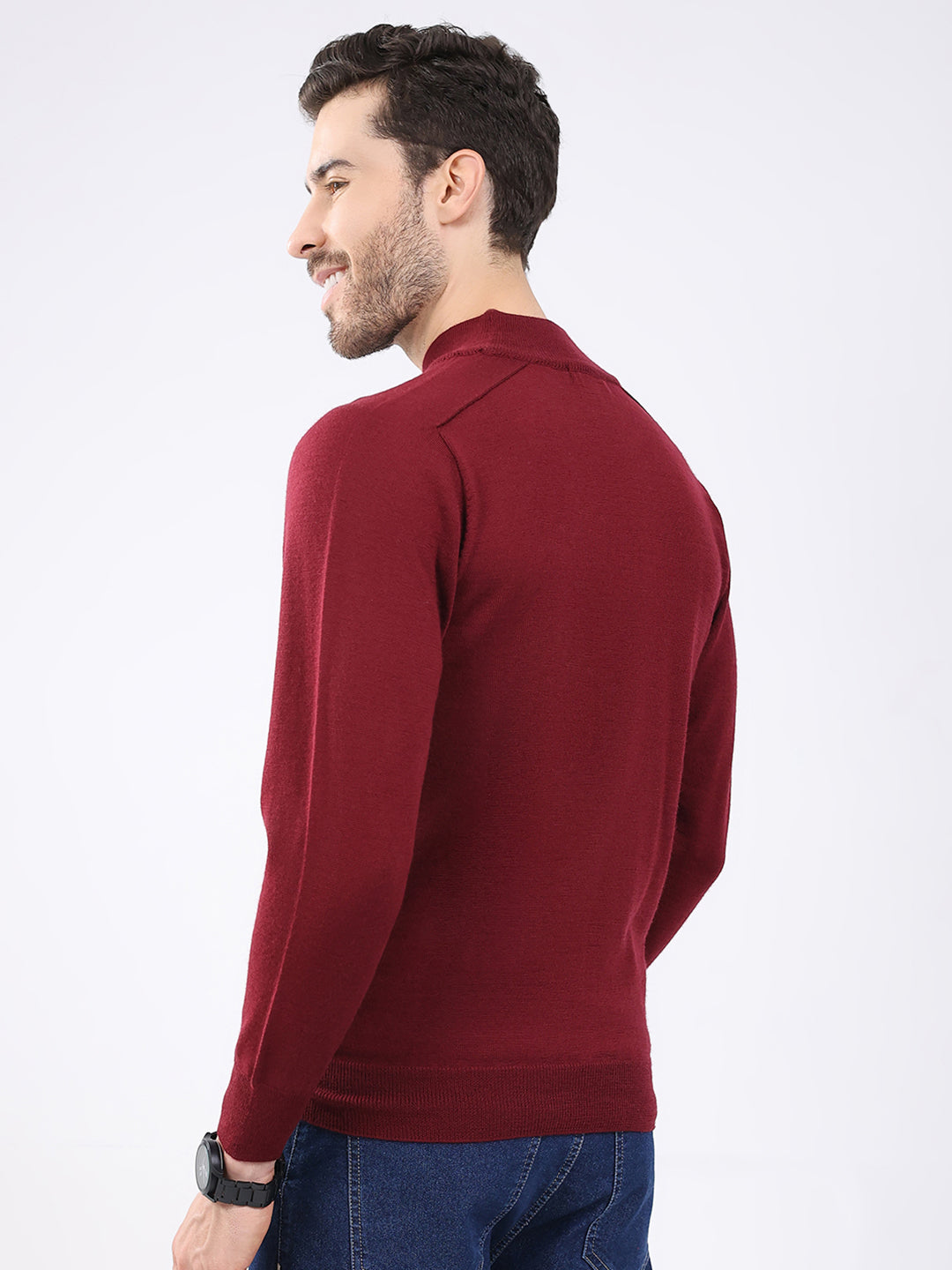 Luxuria Men Maroon Solid High Neck Full Sleeve Pullover