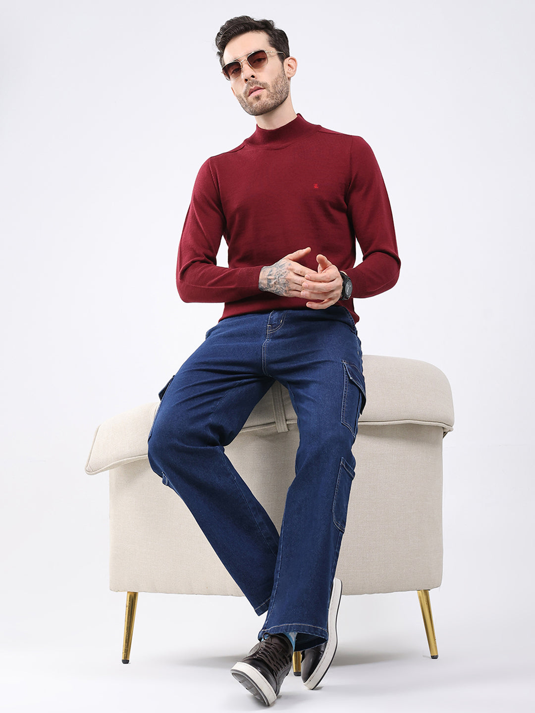 Luxuria Men Maroon Solid High Neck Full Sleeve Pullover