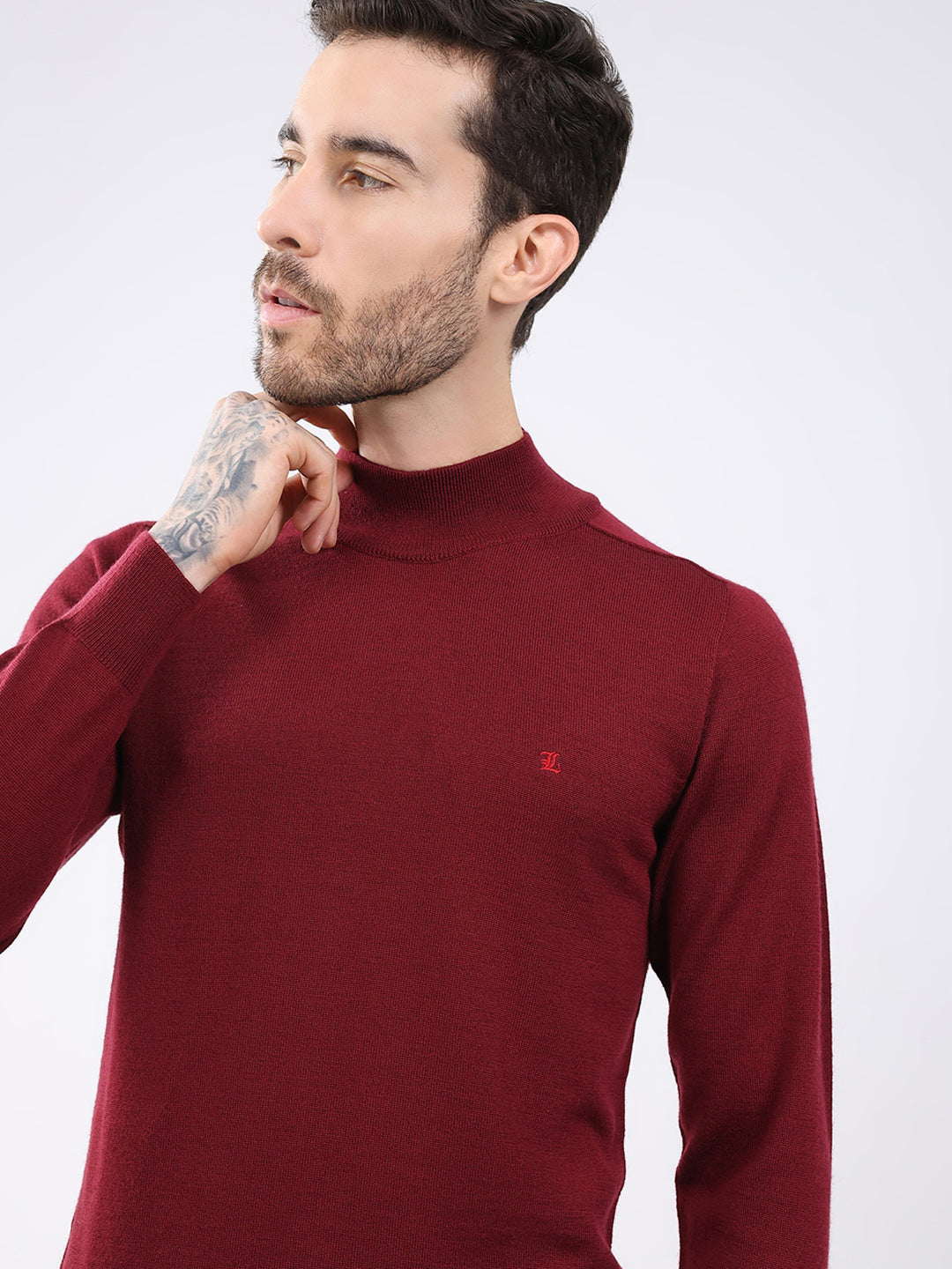 Luxuria Men Maroon Solid High Neck Full Sleeve Pullover