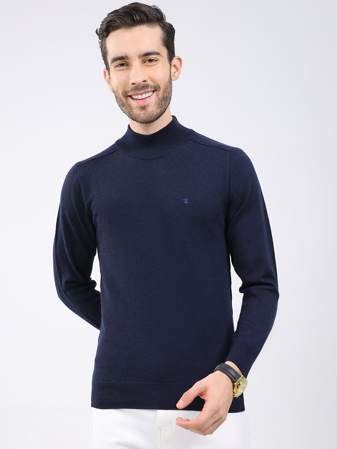 Luxuria Men Navy Blue Solid High Neck Full Sleeve Pullover