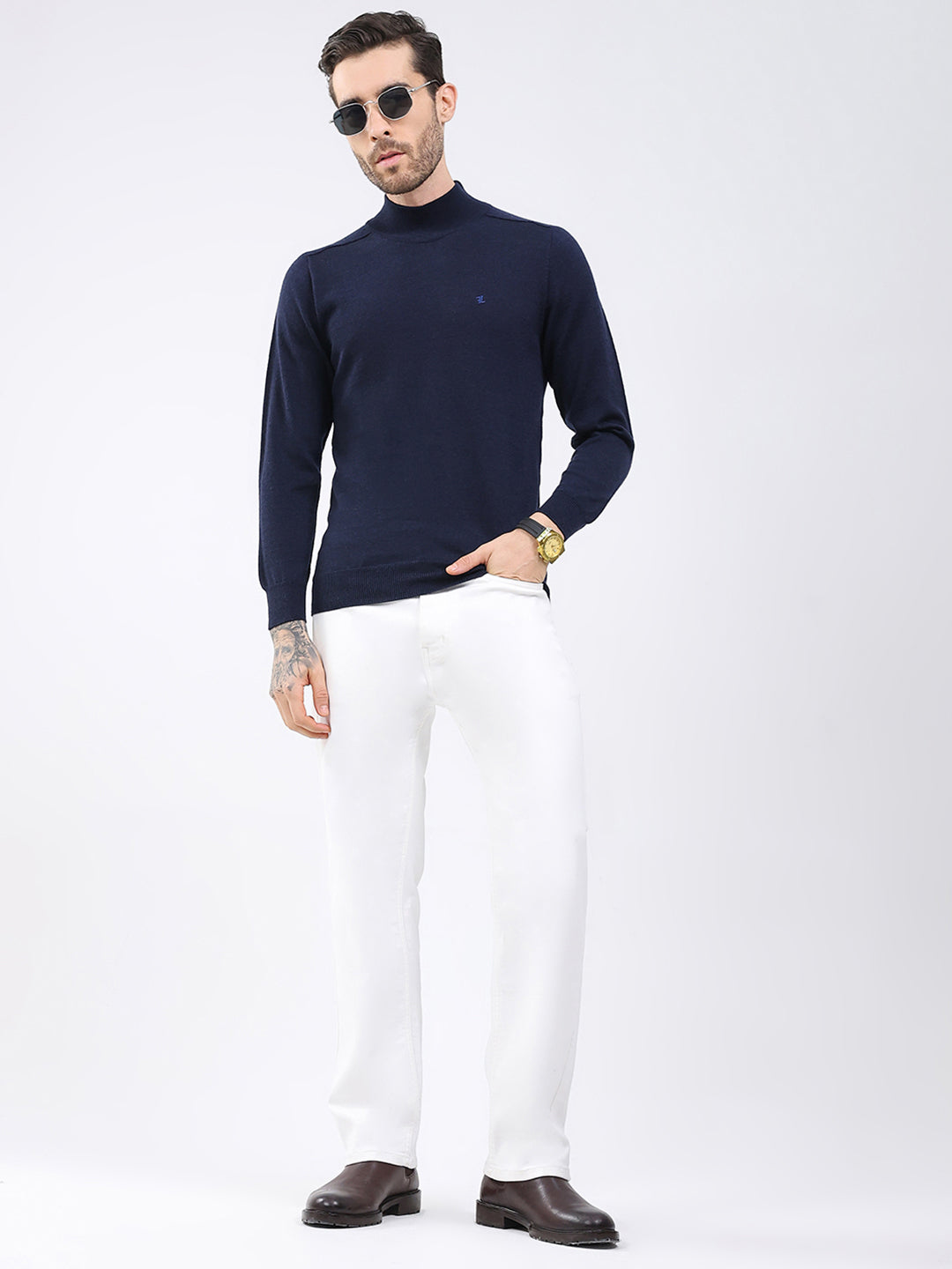 Luxuria Men Navy Blue Solid High Neck Full Sleeve Pullover