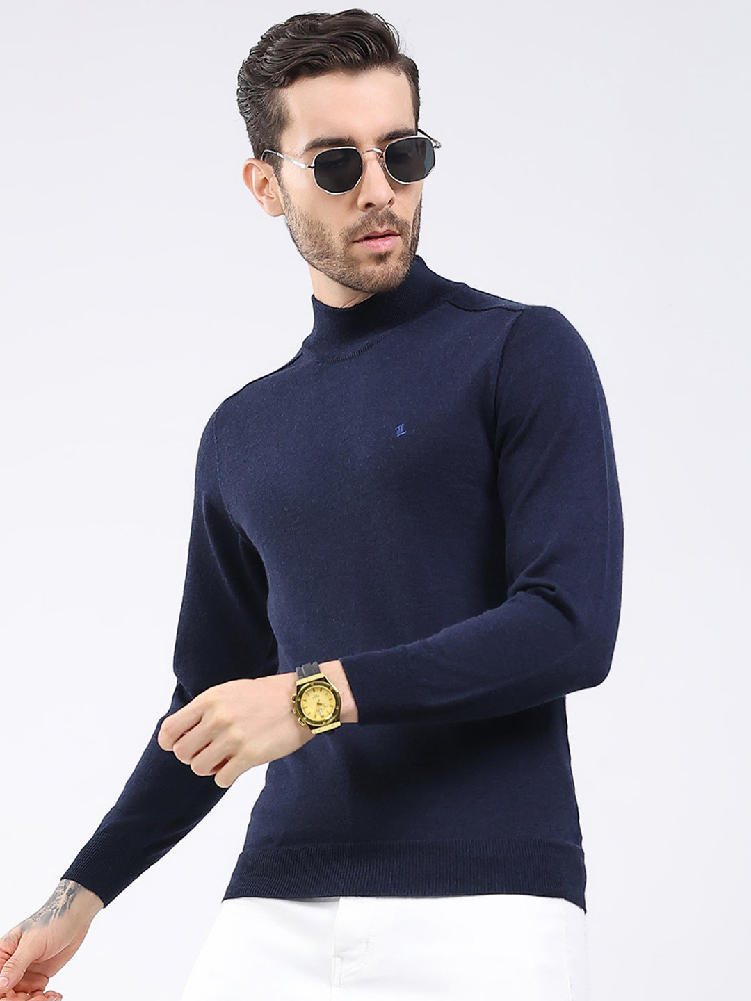 Luxuria Men Navy Blue Solid High Neck Full Sleeve Pullover