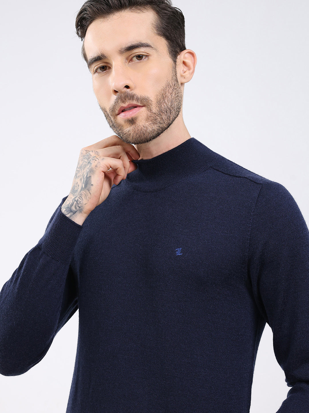 Luxuria Men Navy Blue Solid High Neck Full Sleeve Pullover