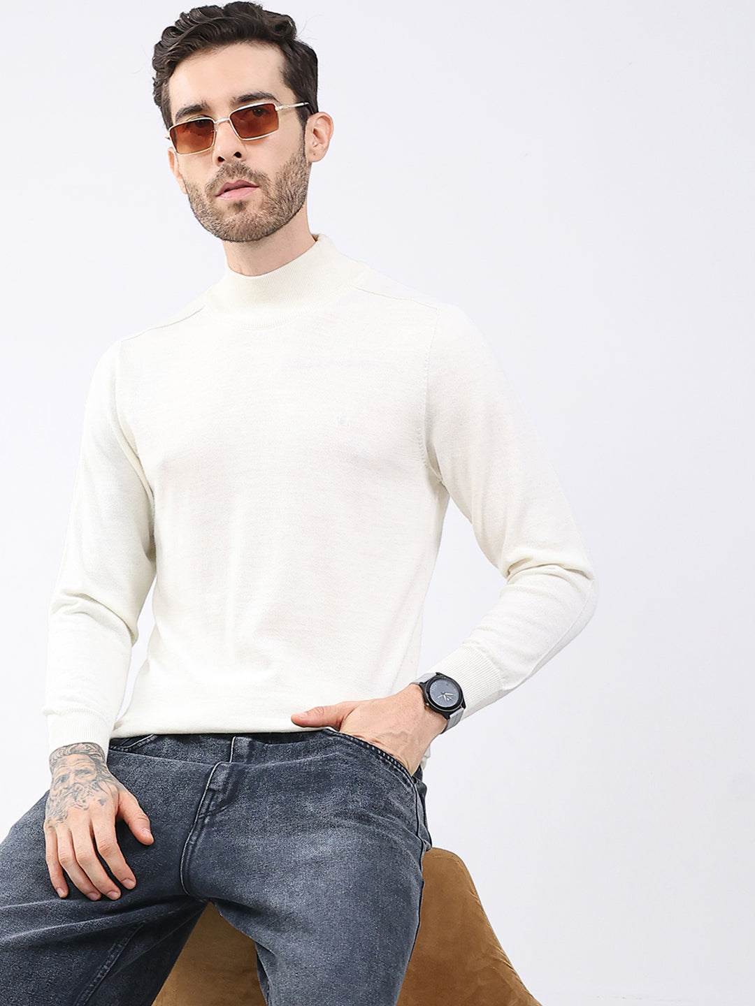 Luxuria Men White Solid High Neck Full Sleeve Pullover