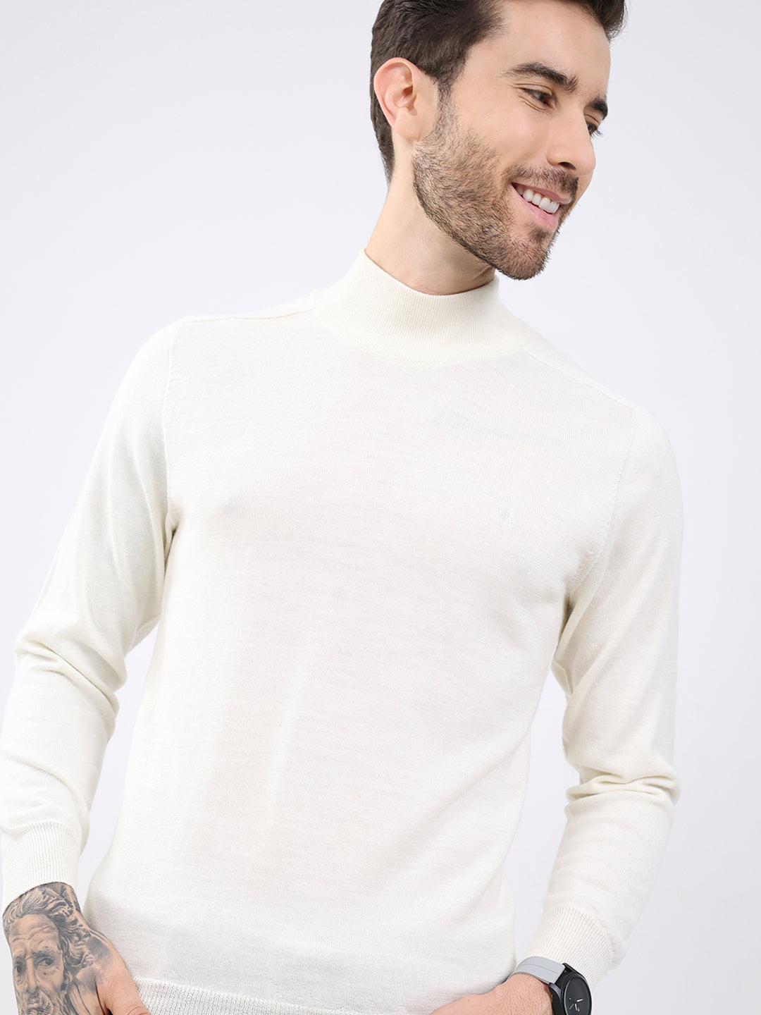 Luxuria Men White Solid High Neck Full Sleeve Pullover