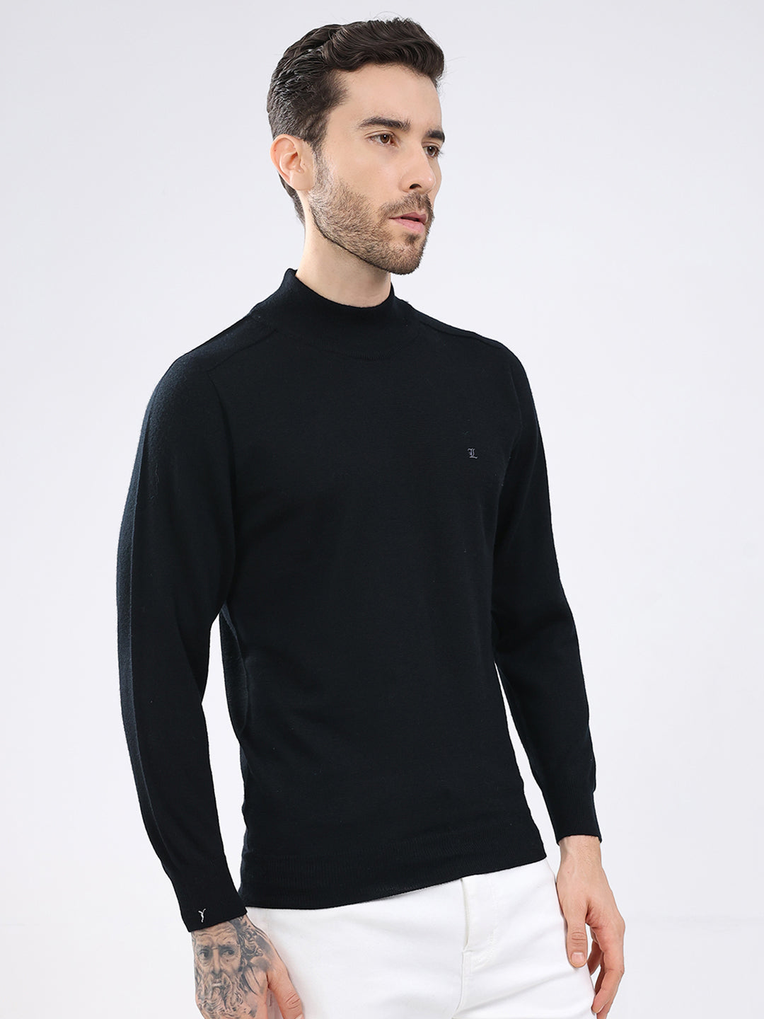 Luxuria Men Black Solid High Neck Full Sleeve Pullover