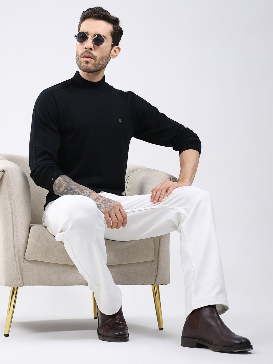 Luxuria Men Black Solid High Neck Full Sleeve Pullover