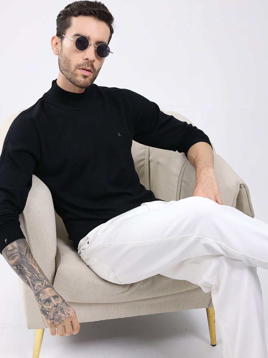 Luxuria Men Black Solid High Neck Full Sleeve Pullover
