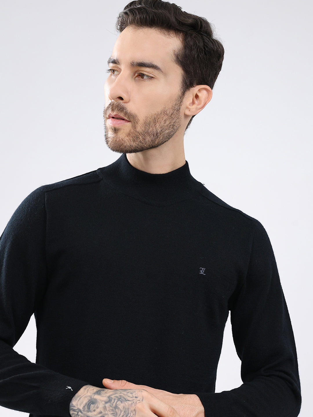 Luxuria Men Black Solid High Neck Full Sleeve Pullover