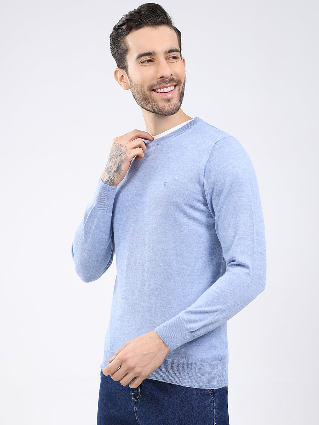 Luxuria Men Blue Solid Round Neck Full Sleeve Pullover