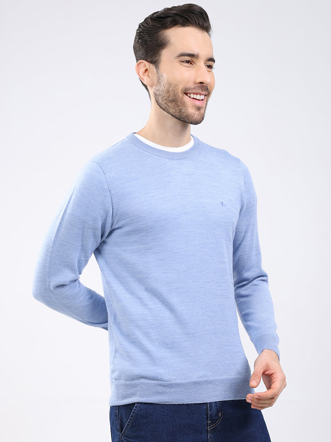 Luxuria Men Blue Solid Round Neck Full Sleeve Pullover