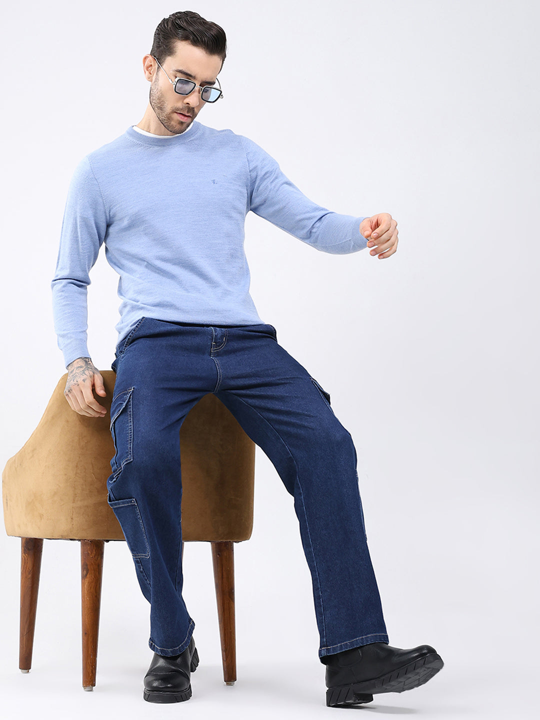 Luxuria Men Blue Solid Round Neck Full Sleeve Pullover