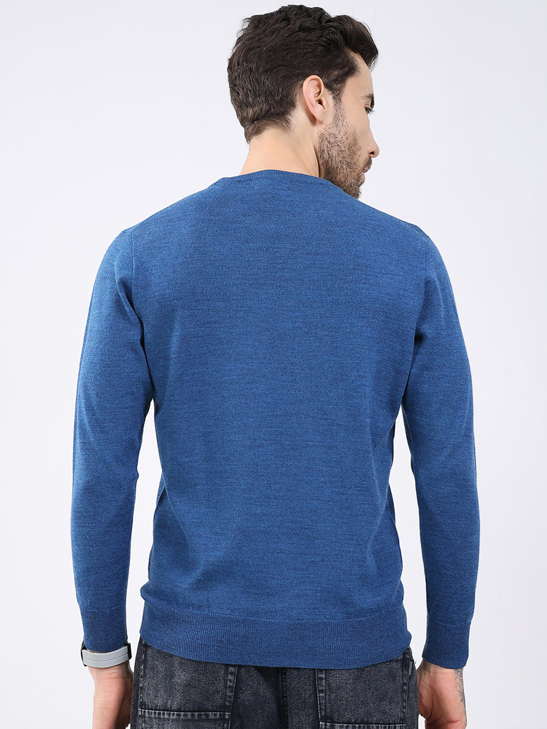 Luxuria Men Blue Solid Round Neck Full Sleeve Pullover