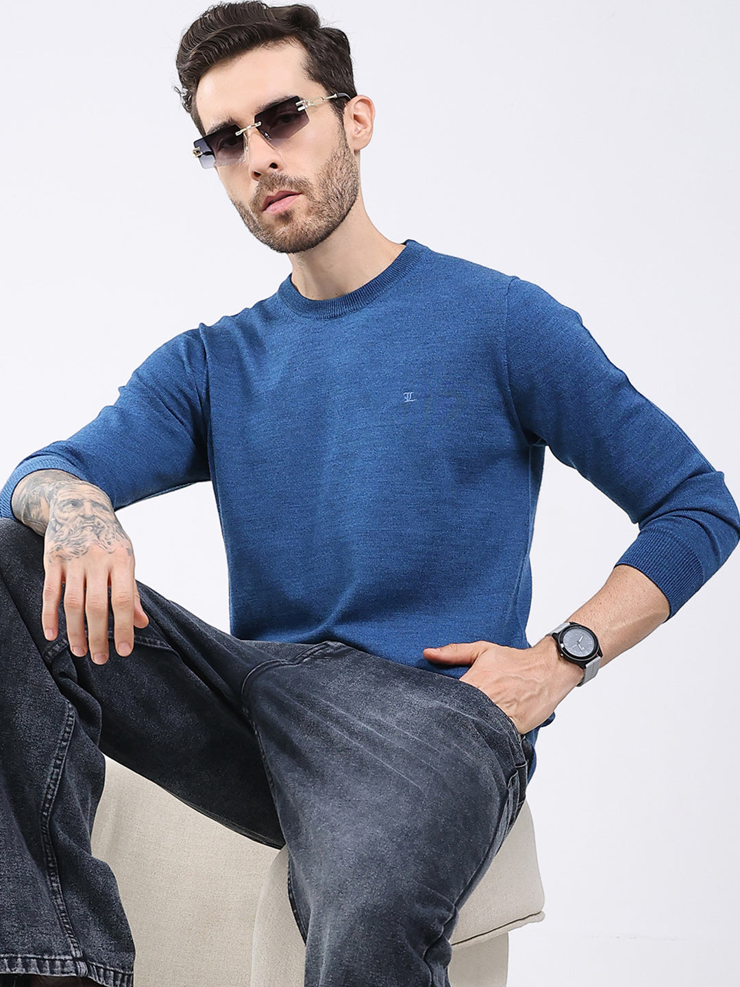 Luxuria Men Blue Solid Round Neck Full Sleeve Pullover