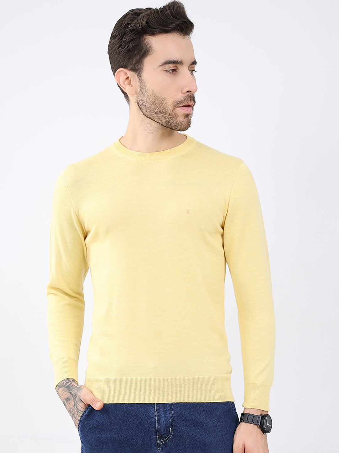 Luxuria Men Yellow Solid Round Neck Full Sleeve Pullover