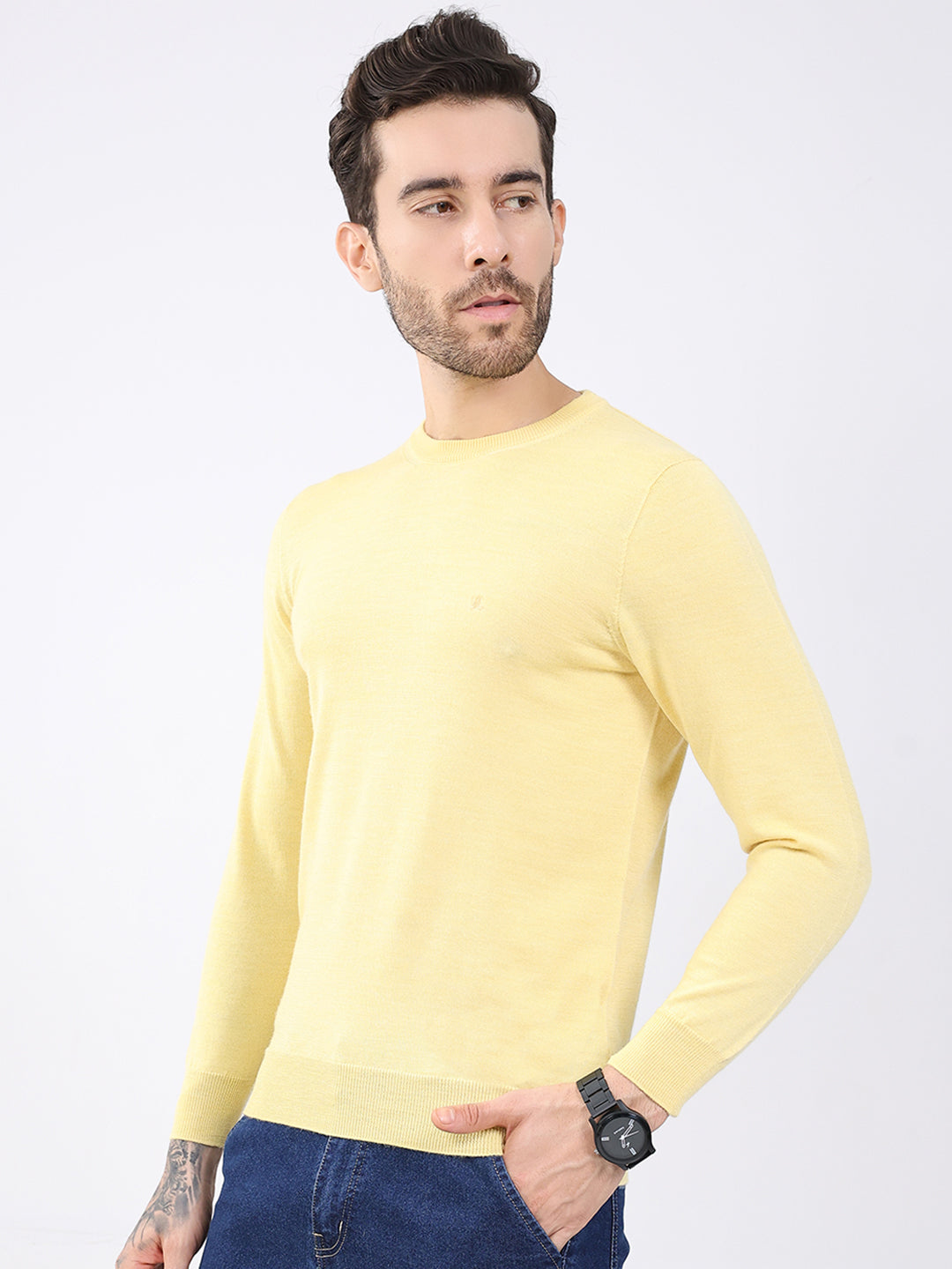 Luxuria Men Yellow Solid Round Neck Full Sleeve Pullover