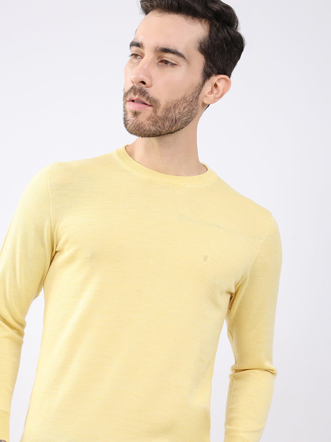 Luxuria Men Yellow Solid Round Neck Full Sleeve Pullover