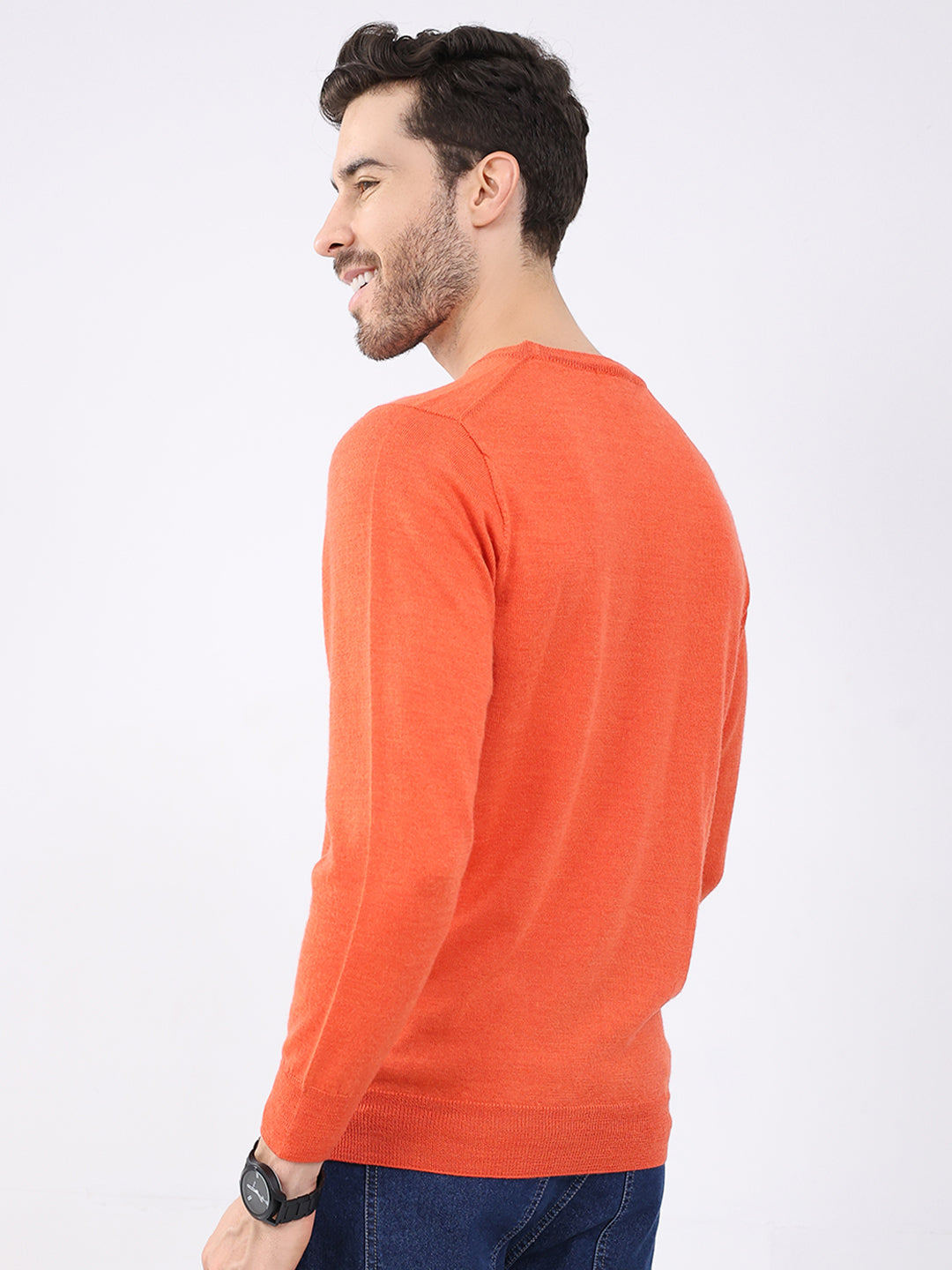Luxuria Men Orange Solid Round Neck Full Sleeve Pullover