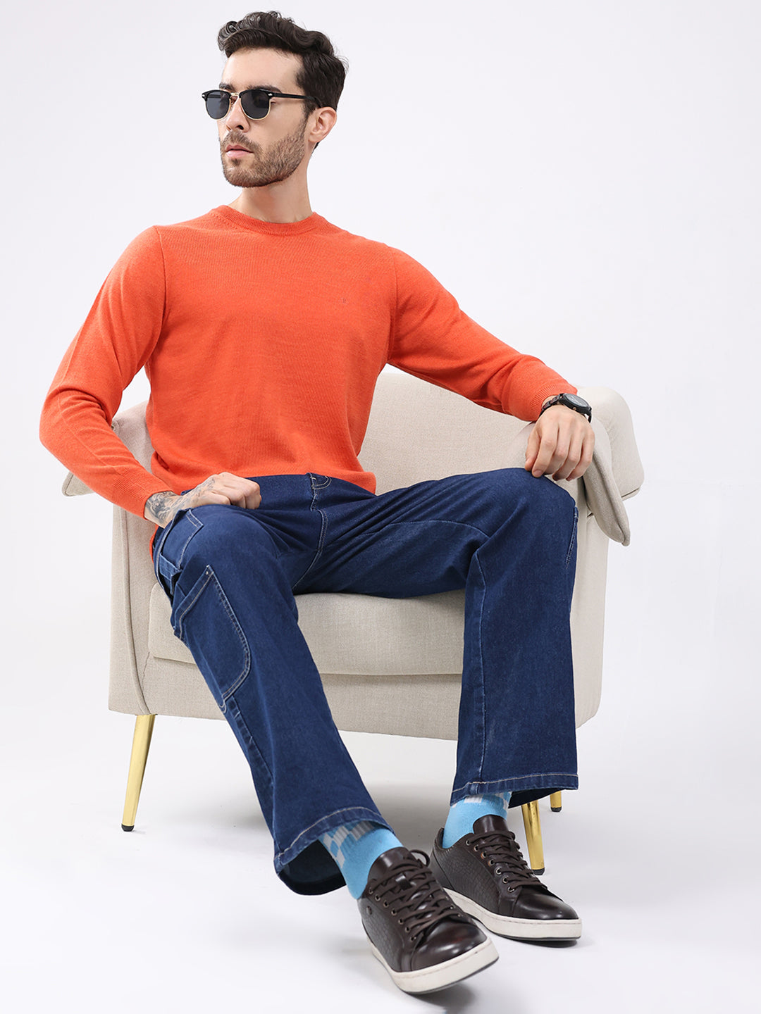Luxuria Men Orange Solid Round Neck Full Sleeve Pullover