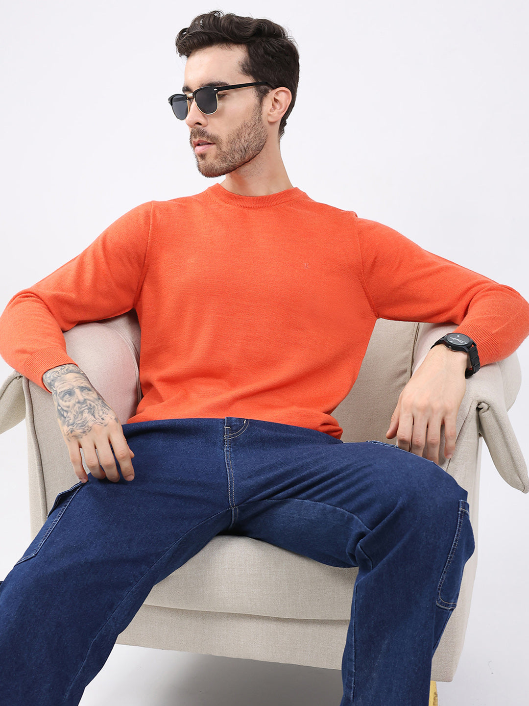 Luxuria Men Orange Solid Round Neck Full Sleeve Pullover